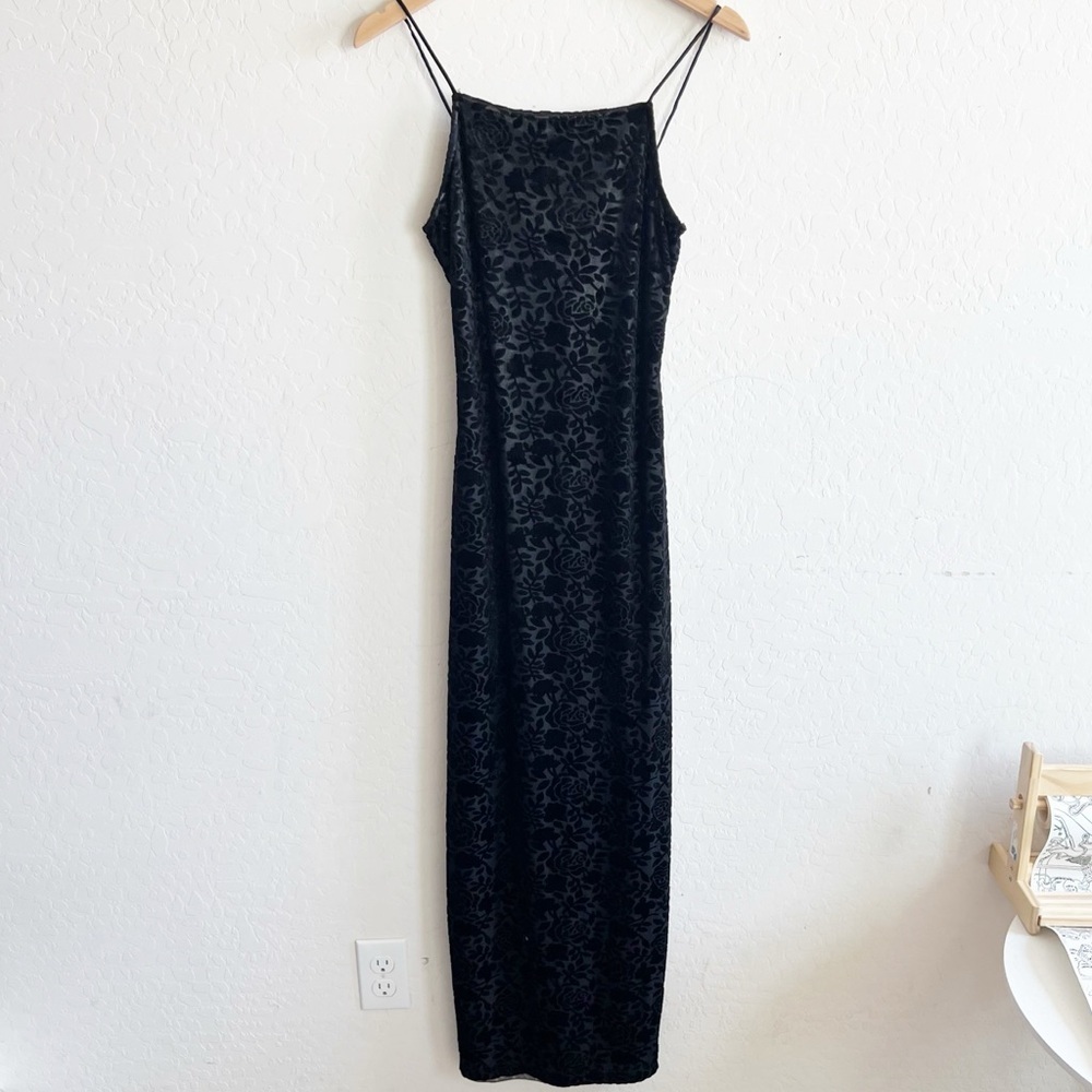 Vintage 90s Roberta Black Velvet Burnout Silver Maxi Sheath Dress - Picture 7 of 12